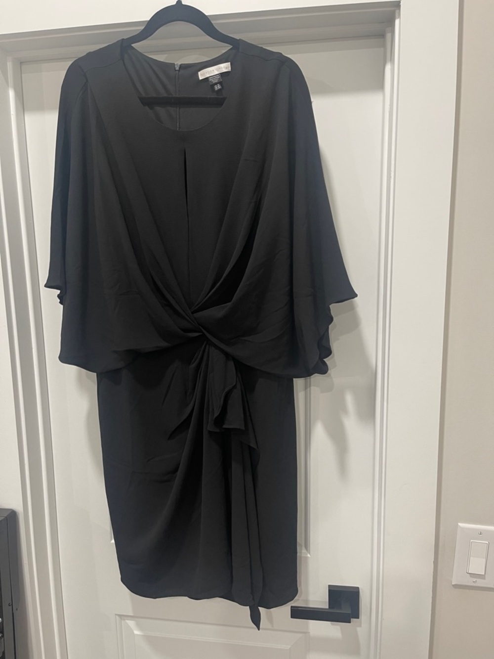 London Times Black Knot-Front Cape-Sleeve Midi Dress